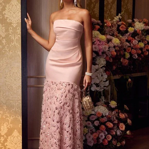 strapless open back dress Pink Faux Fur Bolero
